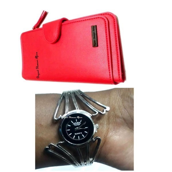 Womens Silver watch with Red leather wallet
