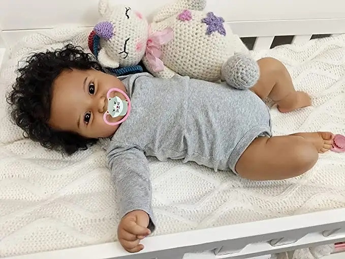 45cm Simulation Newborn Eyes Opened Dolls African American Girl Silicone Vinyl Reborn Doll With Black Curly Hair