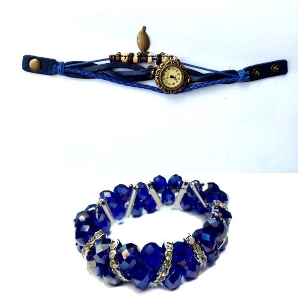 Womens Blue leather  watch with bracelet combo