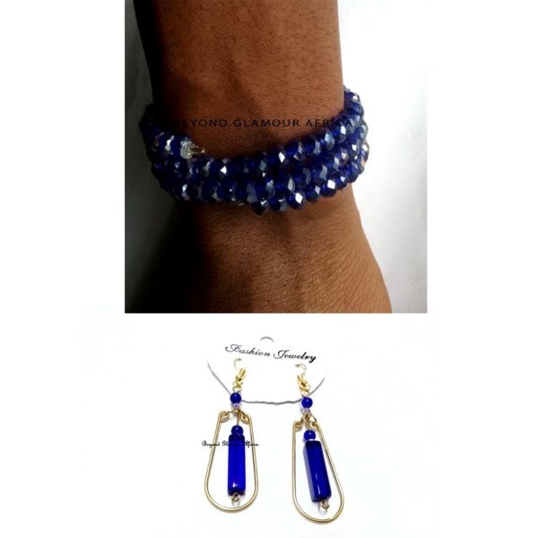 Womens Blue Crystal Spiral bracelet with earrings