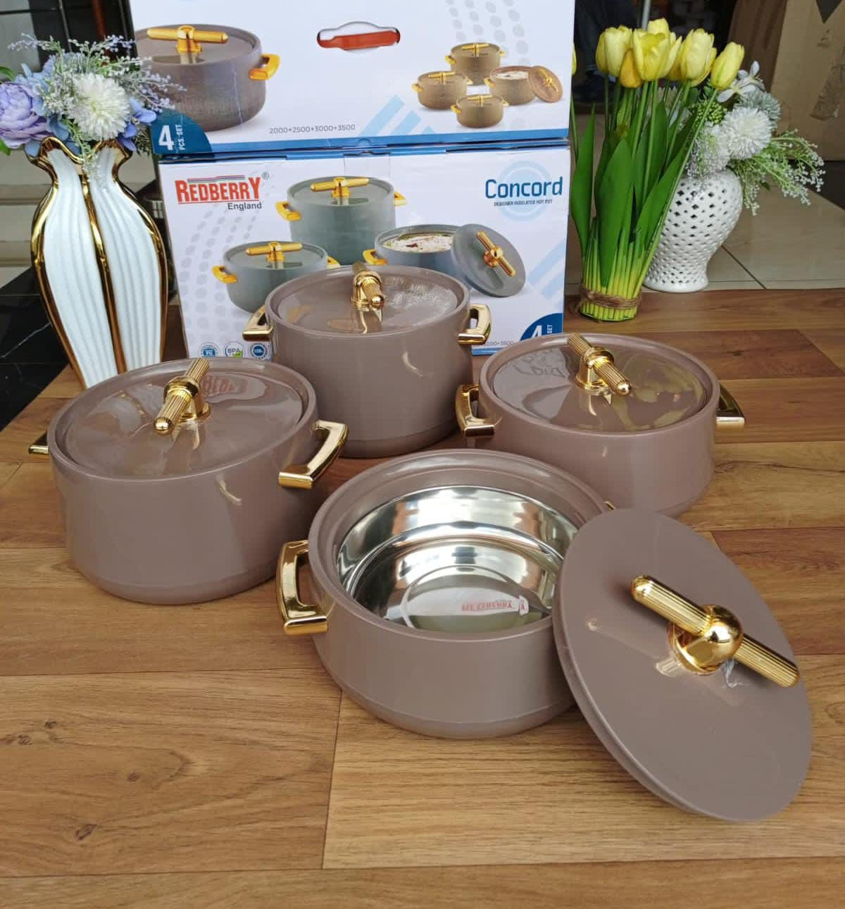 4pcs CONCORD REDBERRY PREMIUM RANGE HOTPOTS: 2 lts, 2.5 ltrs, 3 ltrs & 3.5 ltrs