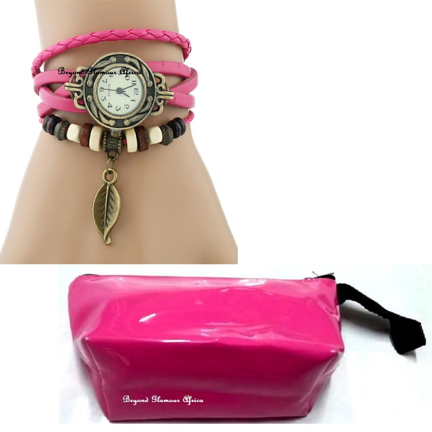 Wmens Pink leather Watch with Pouch
