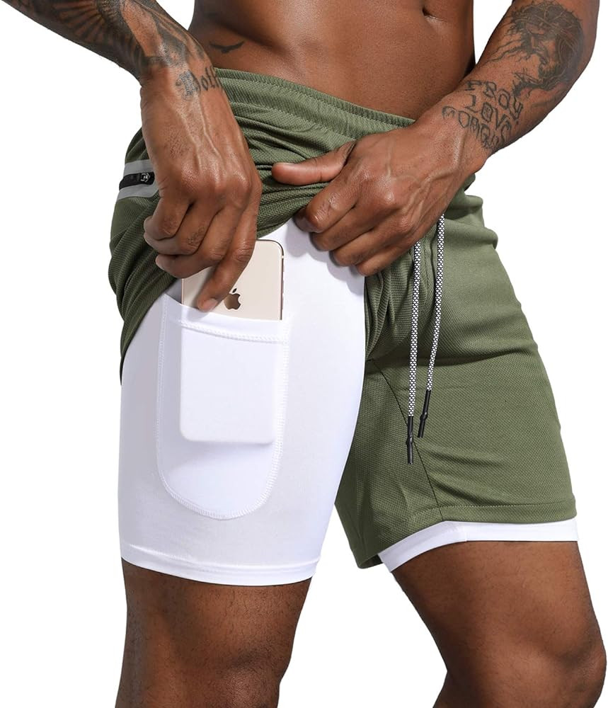 Men's 2 in 1 Workout Running Shorts Lightweight Training Yoga Gym 7" Short with Zipper Pockets