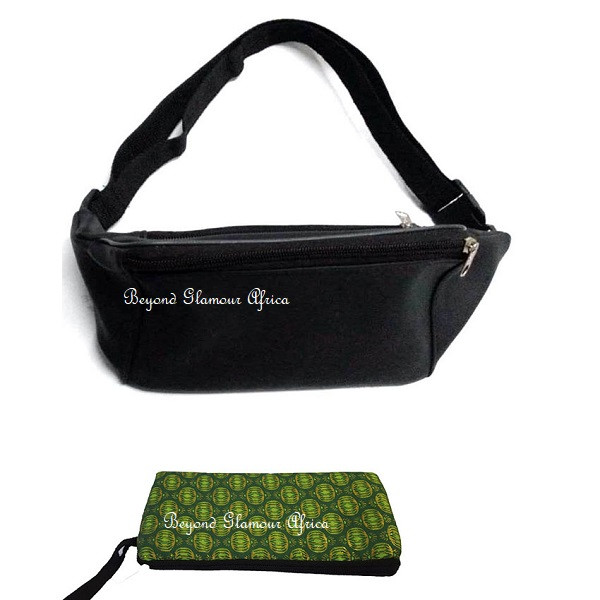 Small Black leather waist bag with ankara pouch