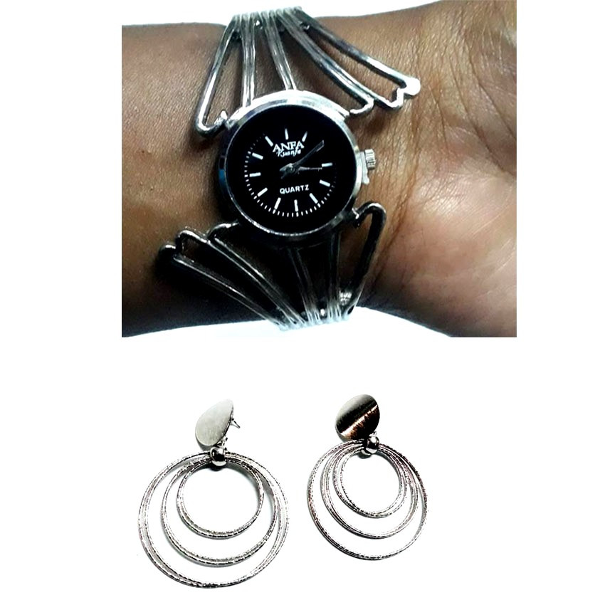 Womens Silver tone  watch with loop earrings