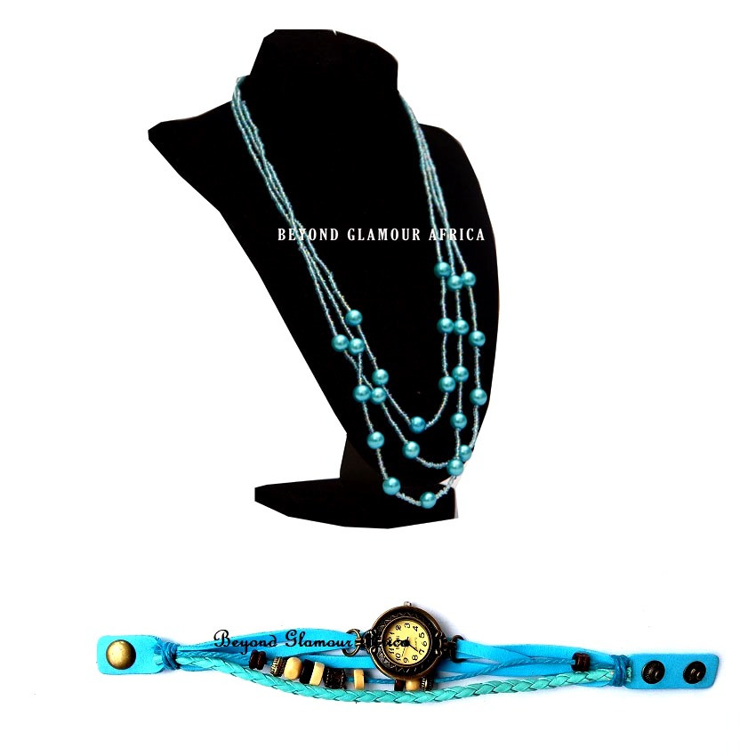 Womens Blue leather watch with pearl necklace