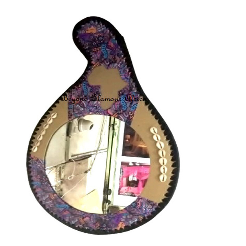 African Brown Leather Bound  mirror with purple flowers
