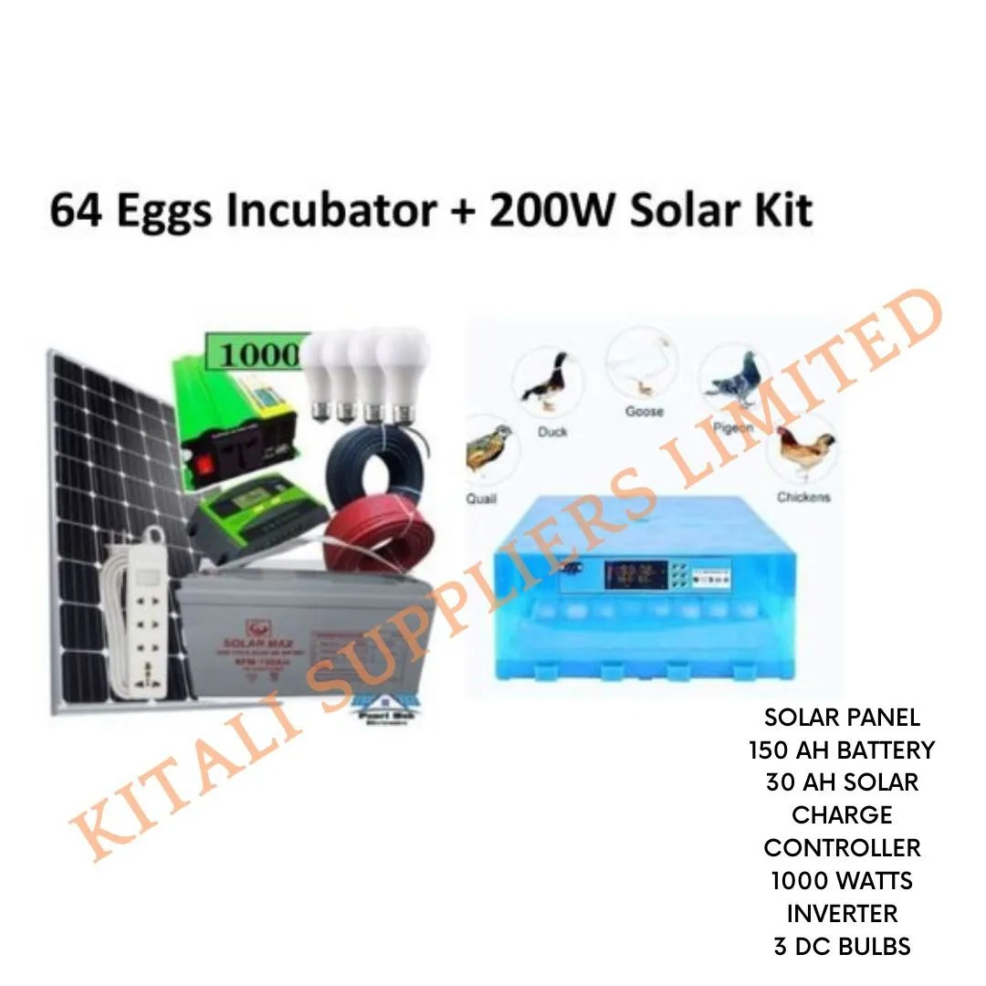 200w solar panel, 150ah battery 30amps controller, 1000w inverter 3pc dc bulbs 64 eggs incubator