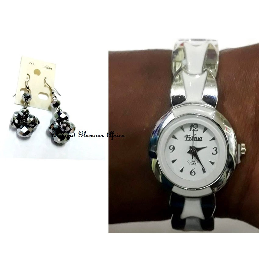 Womens Silver Tone watch with grey earrings