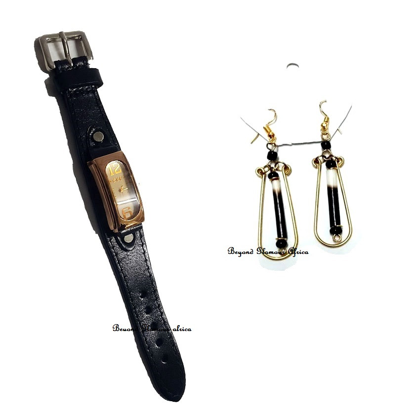 Womens Brown Leather watch with African Earrings