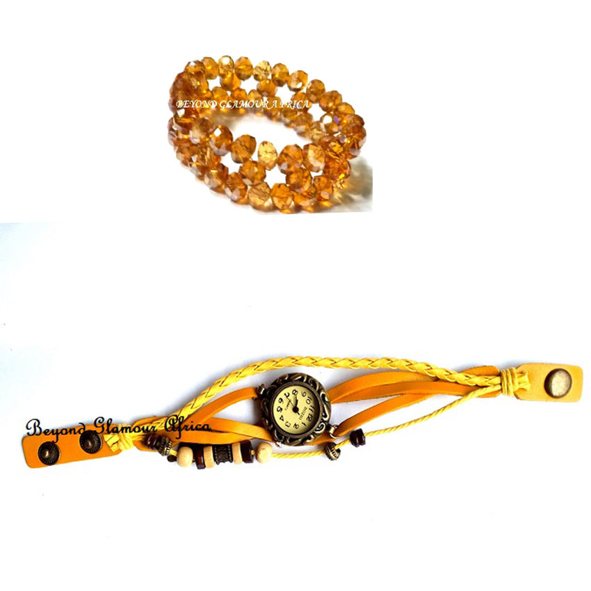 Womens Yellow leather watch with crystal bracelet