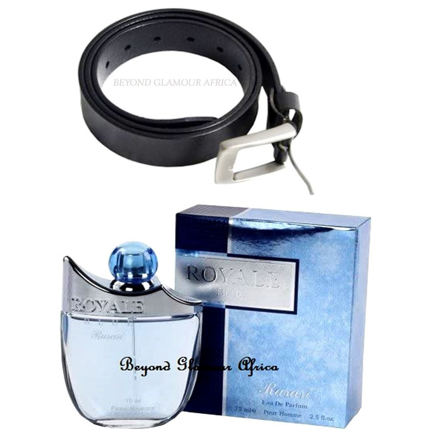 Mens Genuine Black Leather Belt With Rasasi Perfume