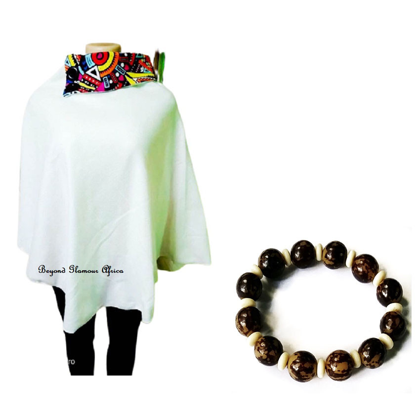 Womens Cream Ankara Poncho with wooden bracelets