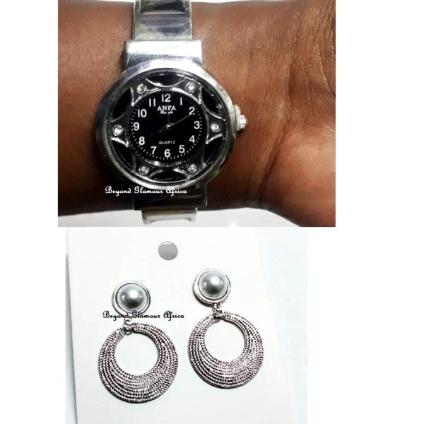 Womens Silver watch with loop earrings