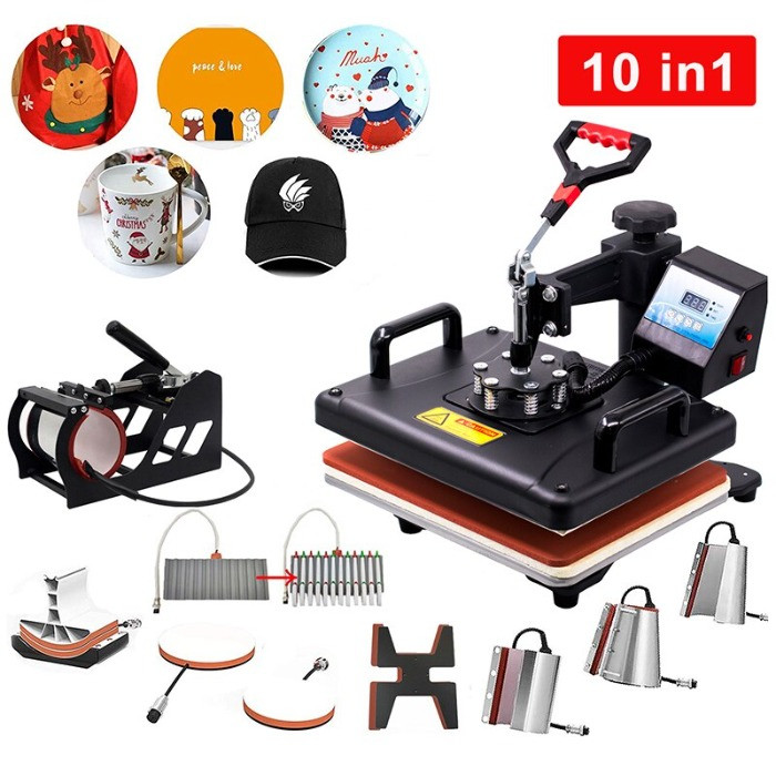 Double Display 30*38CM 10 In 1 Combo Sublimation Heat Press Machine For T Shirt/Hat/Mug/Slate Rock/MDF Frame Customizing