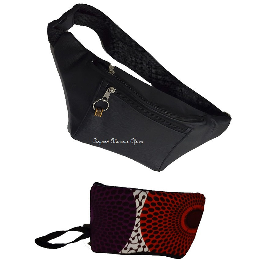 Black leather waist bag with ankara pouch