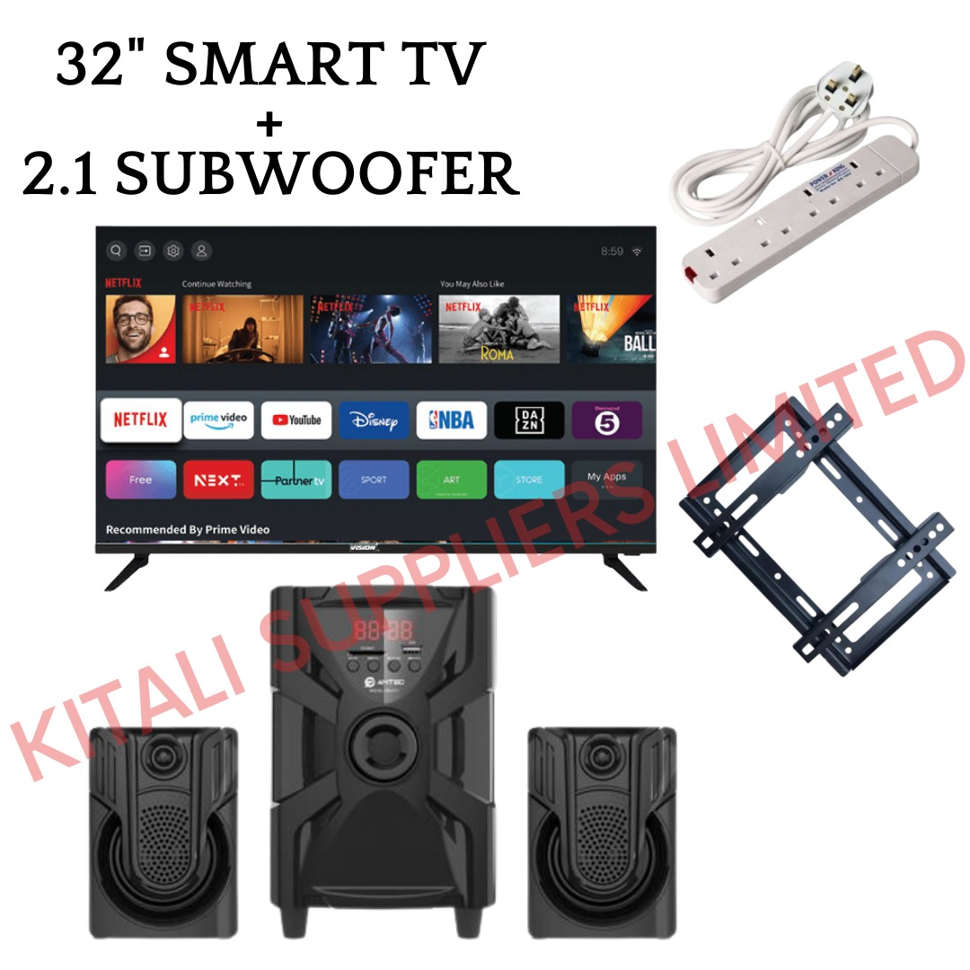 32 inch smart itv,extension , wallbracket and Amtec subwoofer model 006