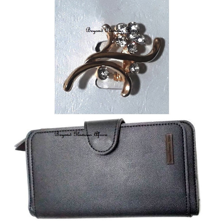 Womens Black Leather wallet with gold tone brooch combo