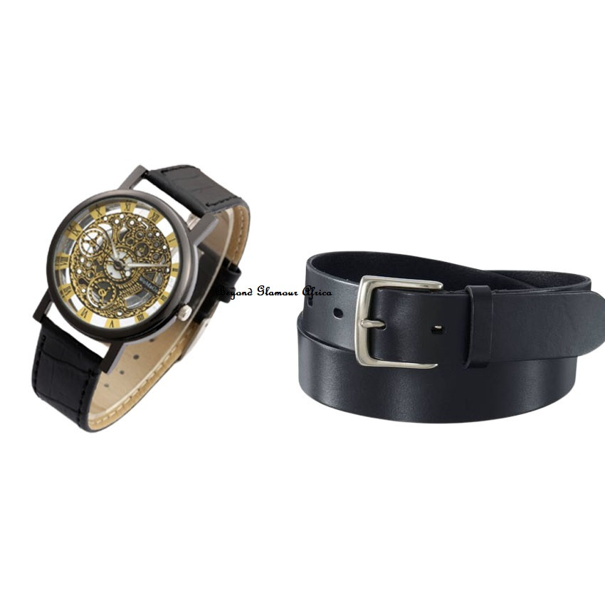 Mens Black Leather skeleton watch with belt