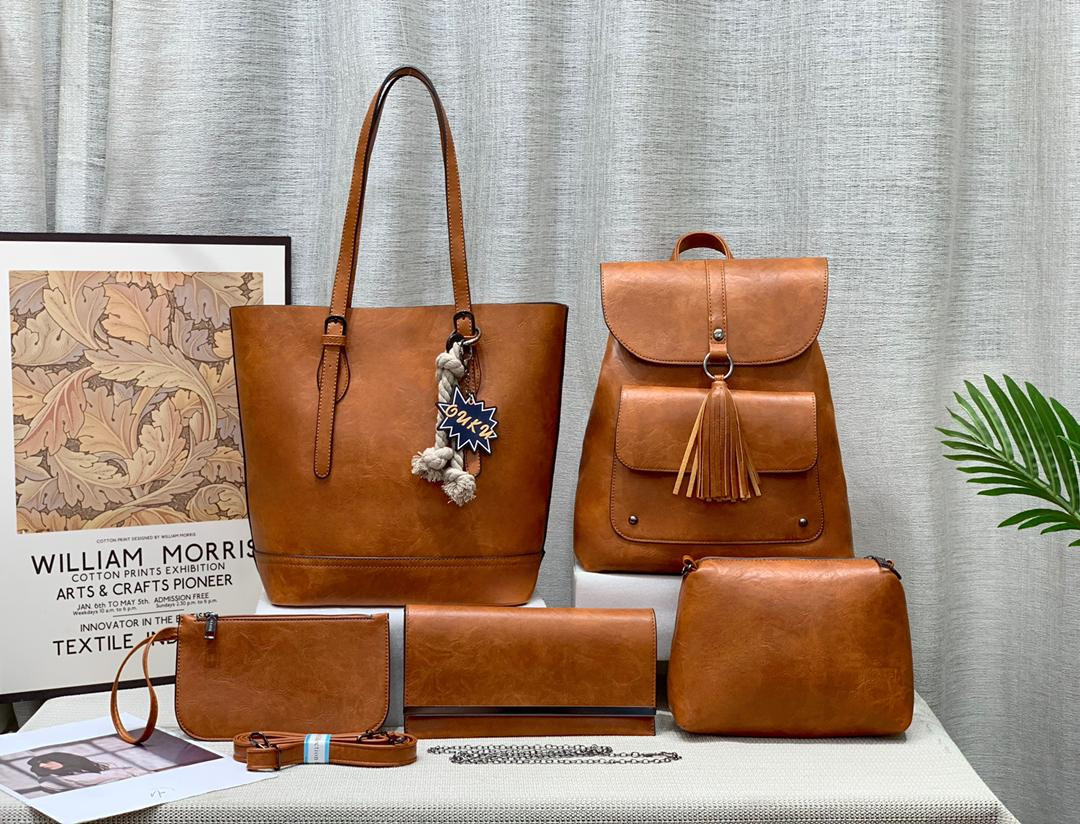 Fashion 5 In 1 Handbag Women Bag Ladies Purse Tote Hobo Bag Female Crossbody Bag Messenger Shoulder Bag Sling Wallet Satchel Monkey bag Backpack- Brown