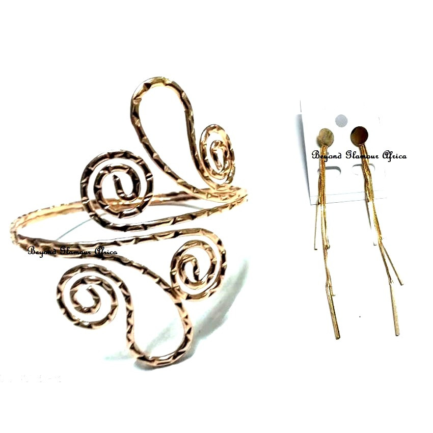 Womens Golden Swirl Armlet with a pair long Earrings
