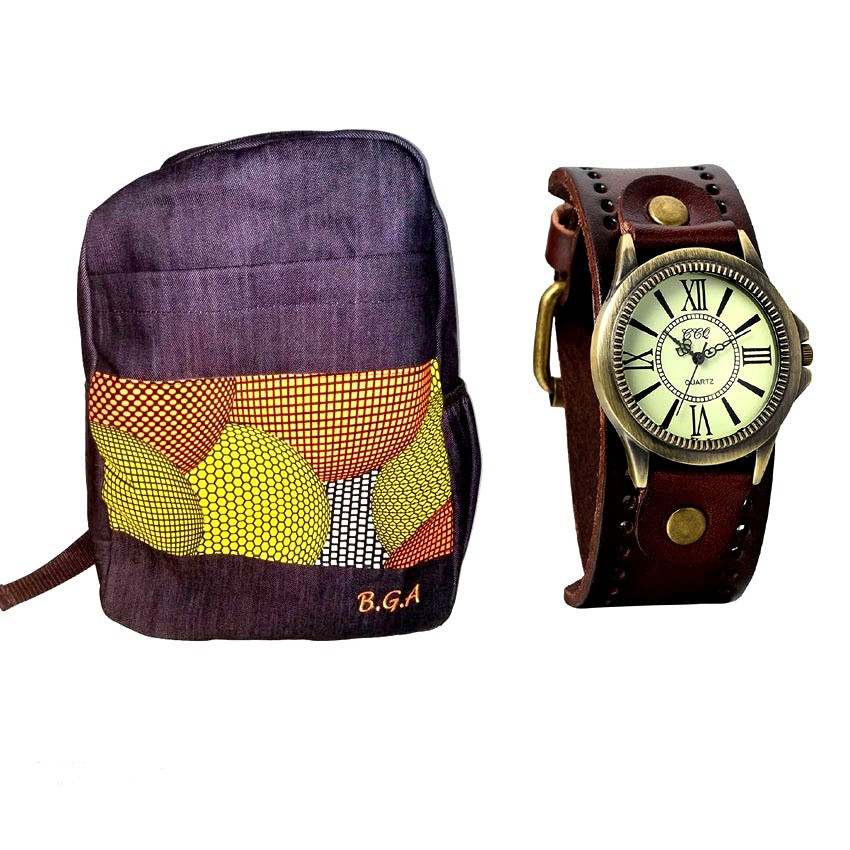 Mens ankara laptop bag with watch