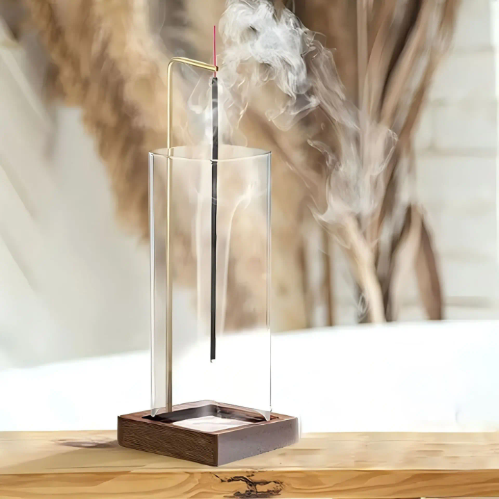 Incense Holder for Sticks【Anti-ash Flying】 Glass Ash Catcher Wooden Incense Burner with Brass Incense Clip