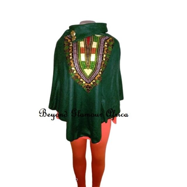 Womens Green  Poncho with dashiki print