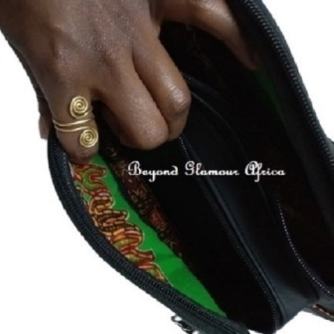 Tripple  pocket Leather Waist Bag with ankara lining