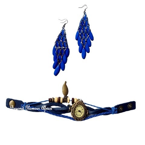 Womens Blue Leather bracelet watch with earrings
