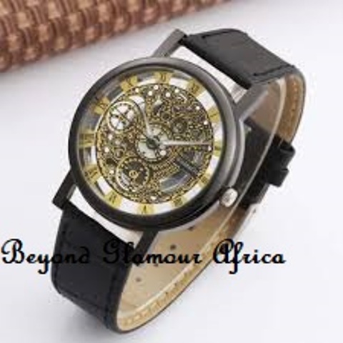 Black Skeleton Leather strap watch