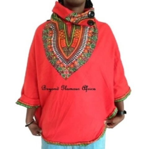 Red Cotton Poncho With Dashiki Print