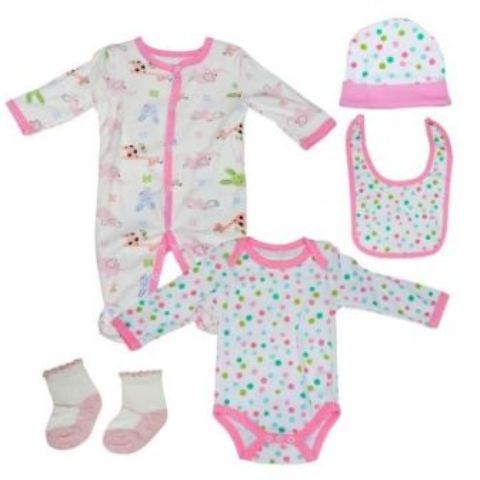Baby Girl 5 Piece Jumpsuit Set - White & Pink