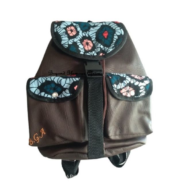 Brown Leather Blue ankara Monkey  Backpack
