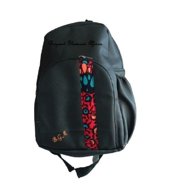 men and women's Black Leather with pink ankara laptop Backpack