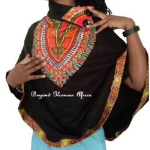 Black Poncho With Dashiki Print