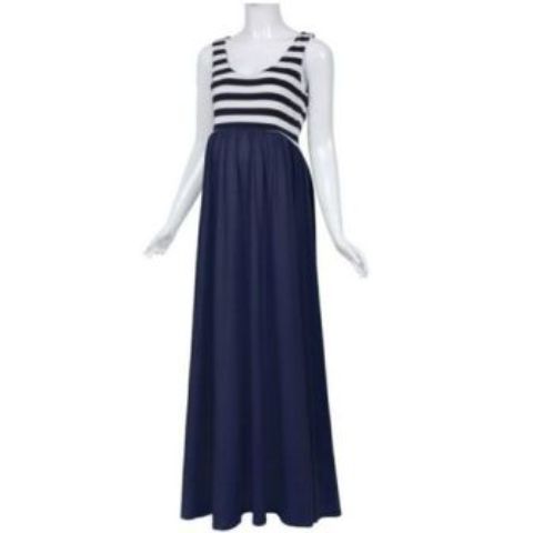 Women Blue Striped Maternity Maxi Tank Dress