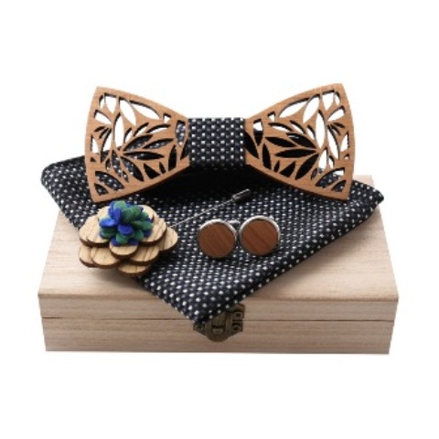 Man Wooden Bow Tie Pocket Square Set Hollow Wood Carved Floral Corsage Cufflinks Jewelry Gifts Unisex for Valentine Gifts