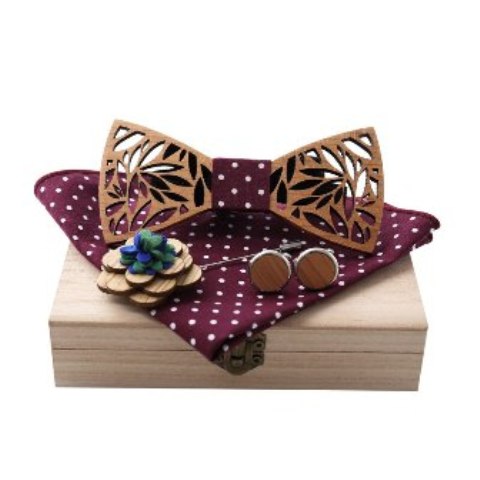 Man Wooden Bow Tie Pocket Square Set Hollow Wood Carved Floral Corsage Cufflinks Jewelry Gifts Unisex for Valentine Gifts