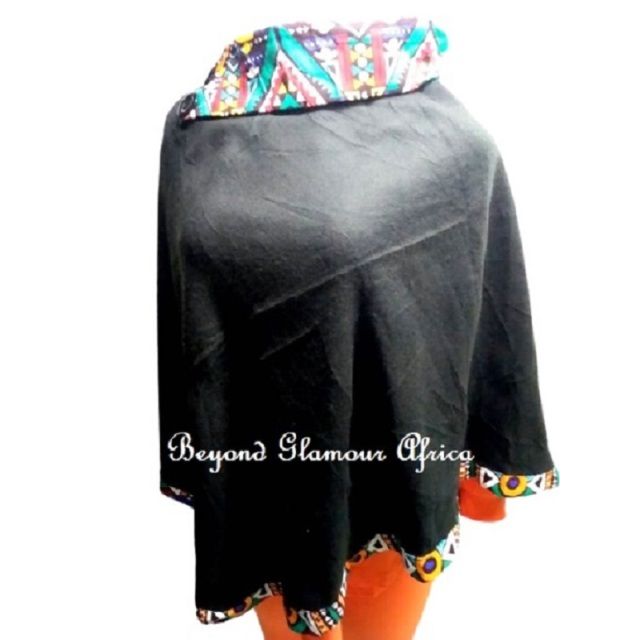 Womens Black  Poncho with ankara print