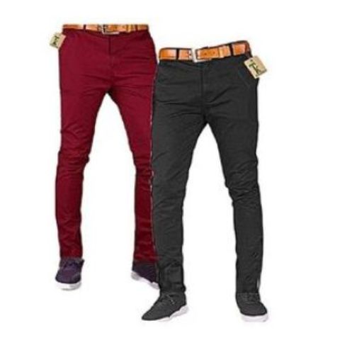 Fashion 2 Soft Khaki Men's Trouser Stretch Slim Fit Casual-Maroon&Black+ Free Pair Of Socks