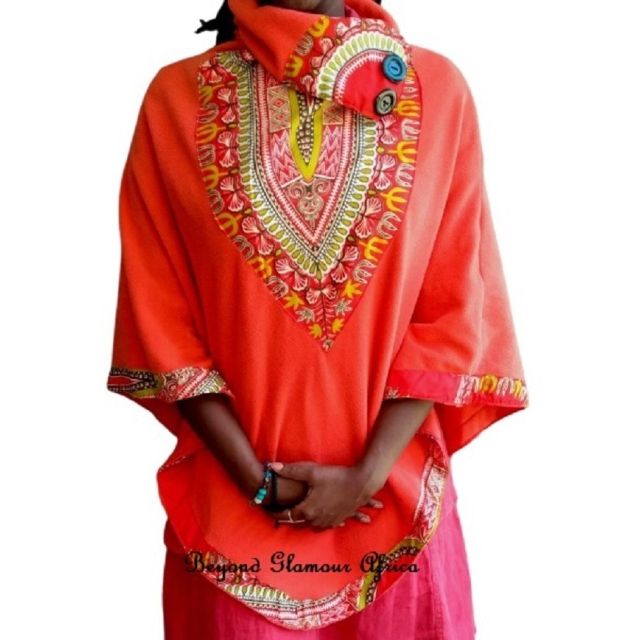 Womens Orange Poncho with dashiki print