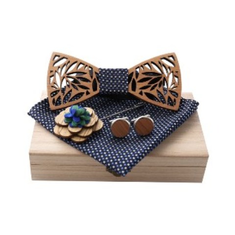 Man Wooden Bow Tie Pocket Square Set Hollow Wood Carved Floral Corsage Cufflinks Jewelry Gifts Unisex for Valentine Gifts
