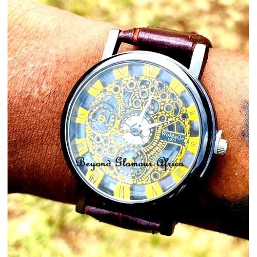 Maroon Skeleton Leather strap watch