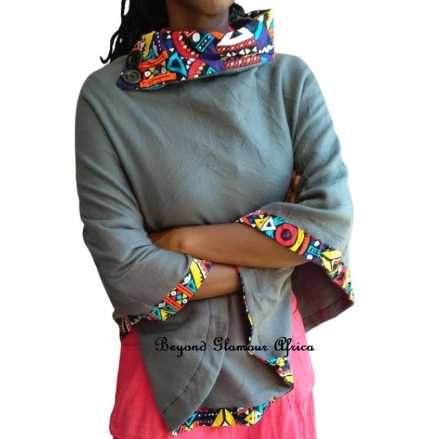 Womens  Grey Ankara Poncho