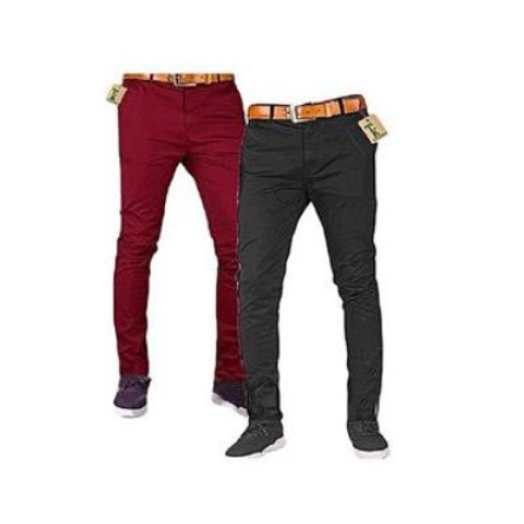 Fashion 2 Soft Khaki Men's Trouser Stretch Slim Fit Casual-Maroon&Black+ Free Pair Of Socks