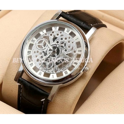 Ladies  leather Black skeleton watch